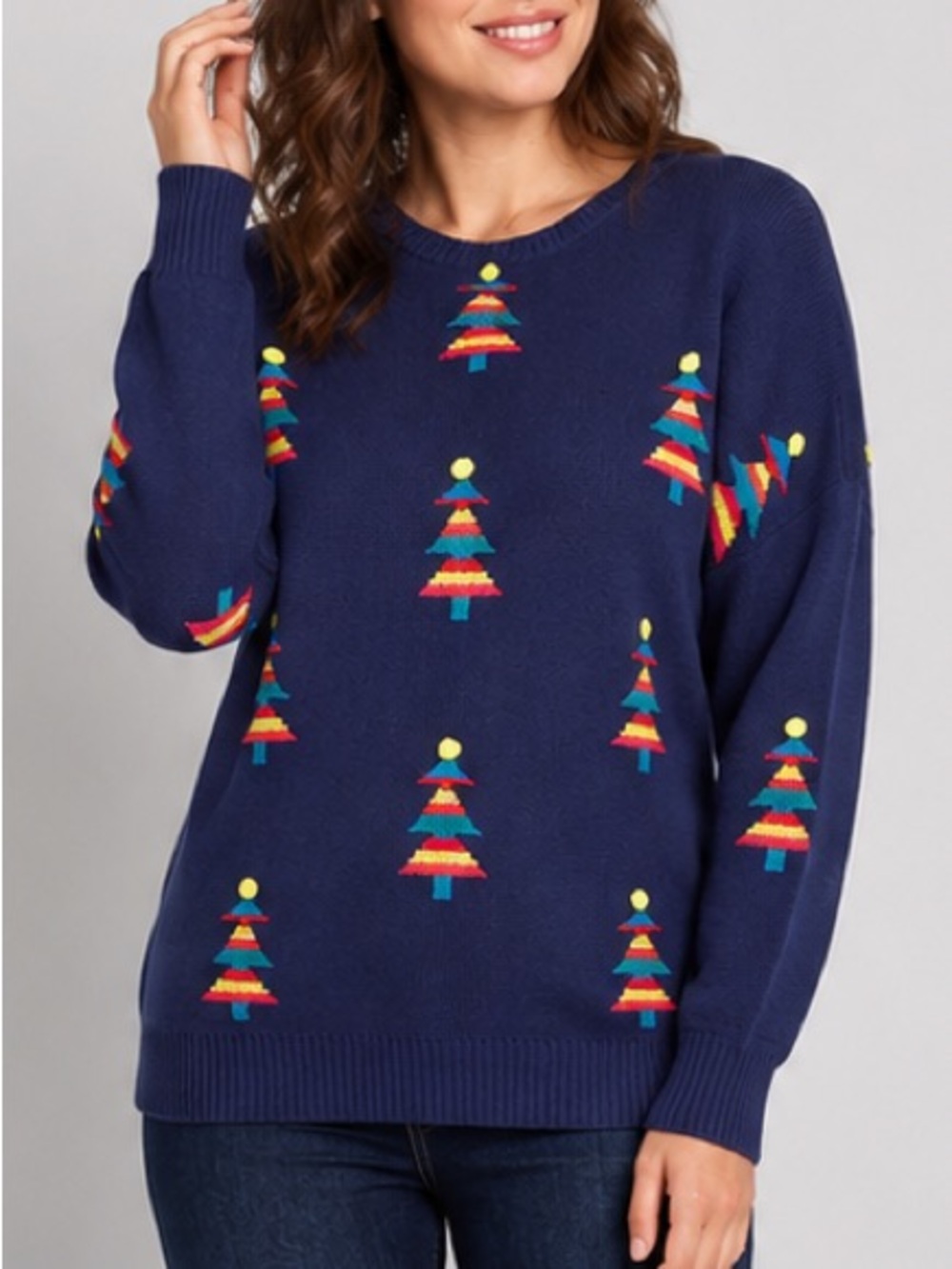 ModCloth Navy Crewneck Sweater Rainbow Pom Pom Multicolor Tree Holiday Shirt